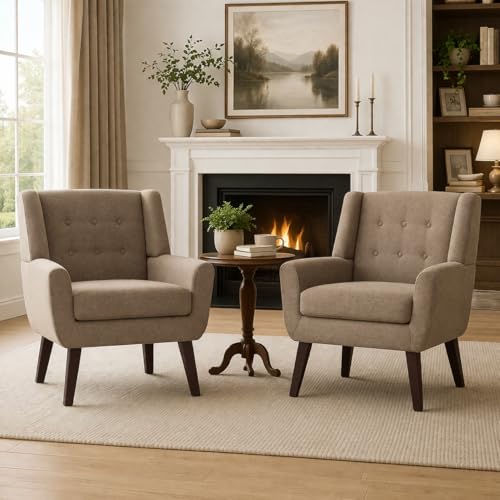 HUIMO Living Room Chairs Set of 2,Upholstered Button Linen Accent Chair | Mid Century Fabric Modern Armchair,Comfy Arm Club Sofa Chairs for Living Room Reading Bedroom,Waiting Room Brown 2PCS - color: Brown