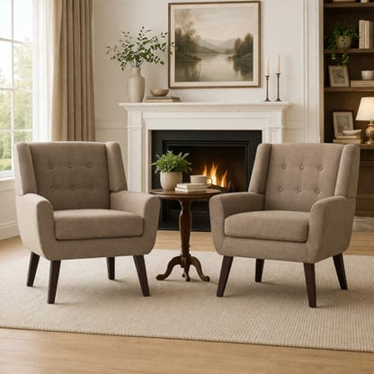 HUIMO Living Room Chairs Set of 2,Upholstered Button Linen Accent Chair | Mid Century Fabric Modern Armchair,Comfy Arm Club Sofa Chairs for Living Room Reading Bedroom,Waiting Room Brown 2PCS - color: Brown