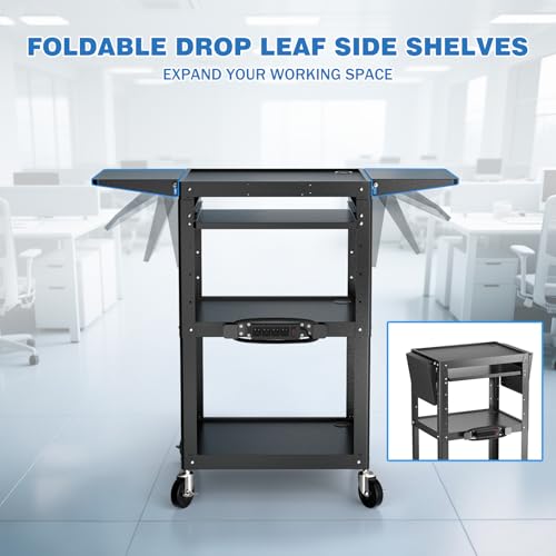 POCHAR Large Steel AV Cart with Power Strip & Drop Leaves - Height Adjustable Metal Media Cart with Wheels - Heavy Duty Rolling Computer Workstation for Laptop Projector Printer TV, Black (46" x 18") - style: AV Cart with Drop Leaves (AV-JM)