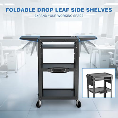 POCHAR Large Steel AV Cart with Power Strip & Drop Leaves - Height Adjustable Metal Media Cart with Wheels - Heavy Duty Rolling Computer Workstation for Laptop Projector Printer TV, Black (46" x 18") - style: AV Cart with Drop Leaves (AV-JM)