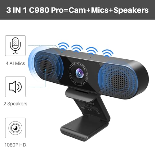 EMEET C980 PRO 3-in-1 1080P Webcam with Microphone and Speaker, 60°-98° FOV | Wide Angle Webcam w/ 4 Noise Cancel Mics 2 Speakers, Auto Low Light Correction W/Cover USB Camera for Online Conference/Class - style: 1080P with 4Mics 2Speakers