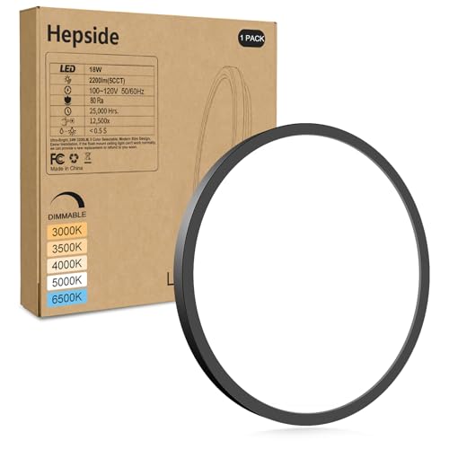 hepside 1Pack LED Flush Mount Ceiling Light Fixture, 9Inch 18W, Dimmable&3000K/3500K/4000K/5000K/6500K Adjustable Low Profile Ceiling Lights, Round Flat Ceiling Light for Closet,Kitchen,Hallway-Black - color: Black, size: 9Inch-1pack