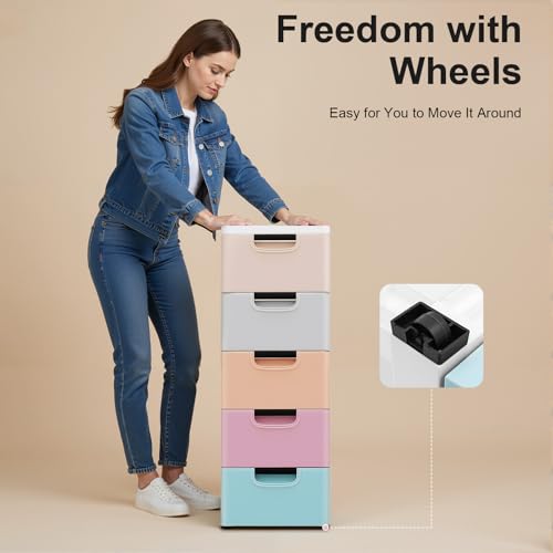 Narrow Storage Cabinet, Slim Drawer Organizer, 5 Drawer Storage Cabinet, Plastic Storage Tower With Wheels, Space Saving Organizer For Bedroom Closet Bathroom Kitchen Office, Stackable Design