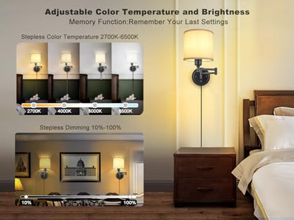 Plug in Wall Sconces with Remote Control, Dimming 10%-100% & Adjustable Colors 2700K-6500K, Hardwire or Plug-in, Swing Arm Wall Lamp with White Fabric Shade, Wall Sconces Set of Two, Black Finish - color: Black & White