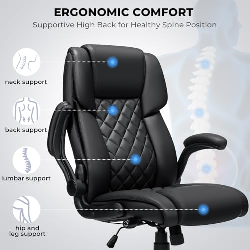 Big and Tall Office Chair 450lbs Heavy Duty Ergonomic Executive Desk Chair with Adjustable Lumbar Support High Back Home Computer Leather Chair with Padded Flip-up Arms for Heavy People Black - color: Black