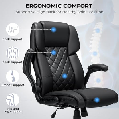 Big and Tall Office Chair 450lbs Heavy Duty Ergonomic Executive Desk Chair with Adjustable Lumbar Support High Back Home Computer Leather Chair with Padded Flip-up Arms for Heavy People Black - color: Black