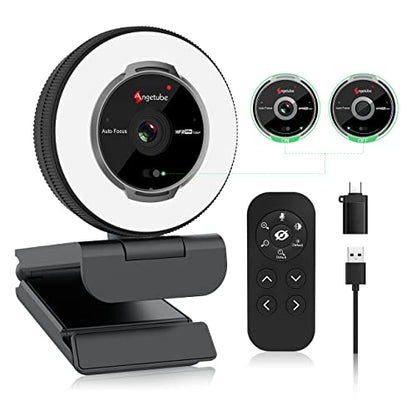 Angetube Streaming Webcam with Microphone, USB 1080P Web Cam w/Ring Light