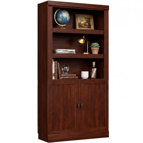 Unikito 71 Inch Tall Bookshelf with Doors and Adjustable Shelves, Cherry | 5-Shelf Storage Bookcase, Thick Wood, Sturdy and Solid, Freestanding Display Cabinet for Living Room, Home Office, Bedroom - color: Cherry, size: 31.5 Inch