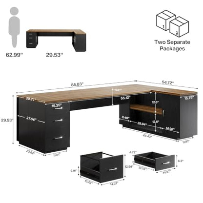 Tribesigns 85.8-Inch L-Shaped Executive Desk, Warm Brown & Black - color: Warm Brown & Black