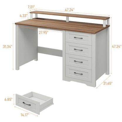 Vabches 47" Farmhouse Executive Desk with 4 Drawers,LED Lights,Unique White - color: Unique White, size: 4 Drawers & Monitor Stand