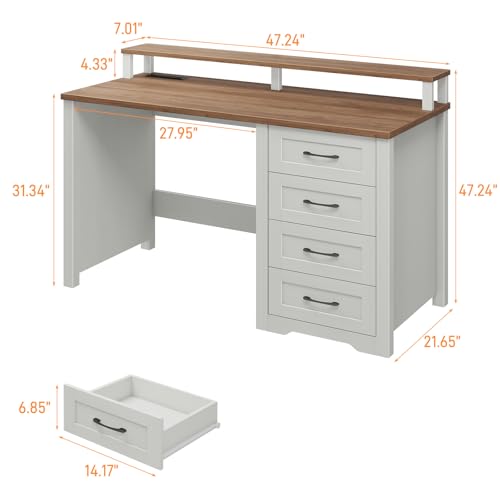 Vabches 47" Farmhouse Executive Desk with 4 Drawers,LED Lights,Unique White - color: Unique White, size: 4 Drawers & Monitor Stand