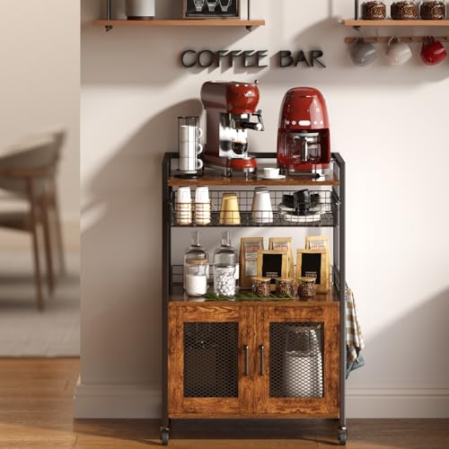 Hencawima Coffee Bar Cabinet, 3 Tier Coffee Station Table on Wheels, 35.9" H Bar Cart with Wire Basket Drawer & 5 Hooks for Home Kitchen, Liquor Buffet Sideboard Cabinet (Rustic Brown) - size: Large