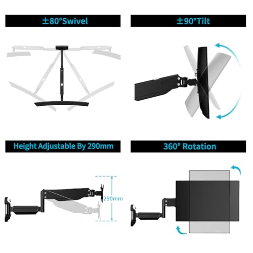 Suptek Single Wall Mount Monitor for 13-32" | Full Motion Adjustable, Gas Spring Arm, Holds up to 22lbs, VESA 75x75/100x100