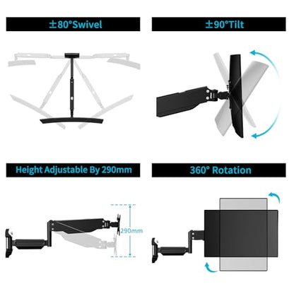 Suptek Single Wall Mount Monitor for 13-32" | Full Motion Adjustable, Gas Spring Arm, Holds up to 22lbs, VESA 75x75/100x100