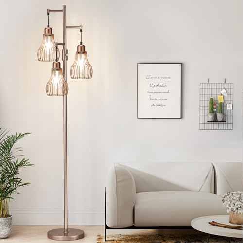 Ziisee Dimmable Floor Lamps for Living Room, Industrial Tree Standing Tall Lamps with 3 Elegant Cage Shade & 800 Lumens LED Bulbs for Bedroom Office - Brown - color: D-Brown