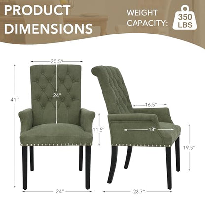 LOULENS Linen Dining Chair with Arms, Tufted Dining Room Chairs, Green | Solid Wood Legs, Nailhead Trim, Accent Chair, Kitchen Chair - color: Dark Green, size: 1 PCS
