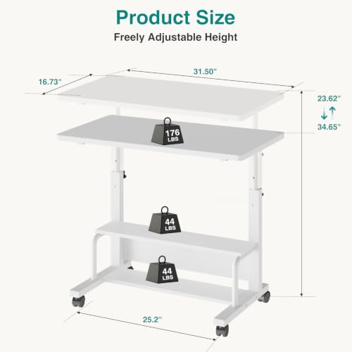 OLIXIS Rolling Desk, Storage Shelves, Laptop Table, Home Office | Height Adjustable Design, Computer Desks on Wheels, Portable for Small Spaces Use, White