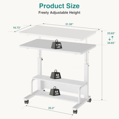 OLIXIS Rolling Desk, Storage Shelves, Laptop Table, Home Office | Height Adjustable Design, Computer Desks on Wheels, Portable for Small Spaces Use, White