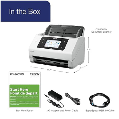 Epson DS-800WN EdgeLink Wireless Network Color Document Scanner | Duplex Scanning 100-Sheet Auto Document Feeder 4.3 in Color Touchscreen 50 ppm Scanning Speed
