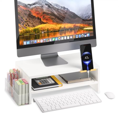 TEAMIX 2-Tier White Monitor Stand Riser with Phone Holder&Clear Pen Holder - color: White, size: 15.7 x 9.5 x 5.7 inches