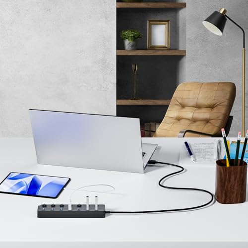 USB Hub 7 Port, USB Splitter with Individual On/Off Switches and Lights - color: Gray