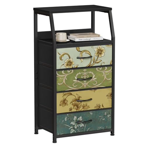 Retro Small Dresser for Bedroom, Tall Nightstand with 4 Drawers | Vintage Dorm Fabric Bedside Table Side Furniture, Storage Organizer for Closet with Metal Frame, Wood Top, 2-Tier Shelf - color: Vintage Floral, style: 4 Drawers