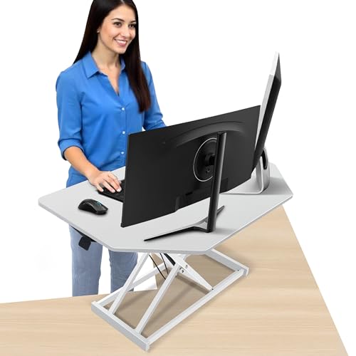 Aconcept 32 inch White Corner Height Adjustable Standing Desk Converter, One-Click Sit to Stand up Desk Riser, Pre-Assembled Dual Monitor and Laptop Workstation - color: White, size: 32"