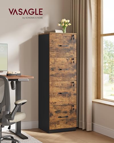VASAGLE 4 Drawer File Cabinet with Locks, for A4, Letter Sized Documents - color: Rustic Brown + Black, size: 4 Drawers
