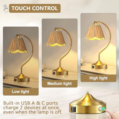 Boho Rattan Touch Small Table Lamps USB C+A Ports | Retro Rattan Shade, 3-Way Dimmable Farmhouse Lamp for Bedroom Living Room Entryway Office, LED Bulbs Included - color: Brass-Single