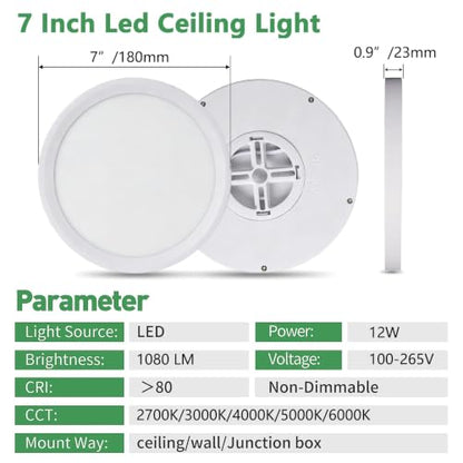 7Inch 4PK White LED Flush Mount Ceiling Light, 12W, 1080LM, 5CCT Selectable | 2700K/3000K/4000K/5000K/6000K CCT, White Close to Ceiling Round Flat Panel Light, Super Slim LED Ceiling Light for Bedroom - color: White, size: 7"-4PK