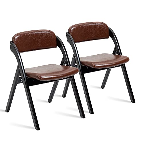 PU Folding Chairs with Padded Seats | Wooden Stackable Foldable Dining Chair Set of 2 Easy to Assemble Extra for Guests Kitchen Office Wedding - color: Black With Pu, size: 2PCS