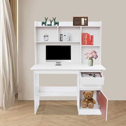 Computer Work Desk,Simple Style Writing Desk with Filing Cabinet,Study Table with Hutch,Workstation Table with Drawer Cabinet Shelf (Warm White, 39.37 * 15.74 * 55.9in)