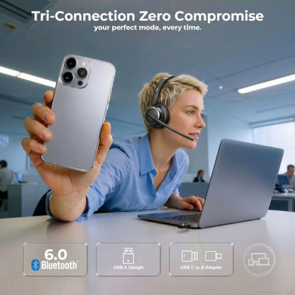 Wireless Headset with Mic for Work, Bluetooth 6.0 Headset with AI Noise Cancelling Microphone, 60H & Mic Mute, Wireless Headset for PC/Computer/Teams/Call Center/iPhone/Android