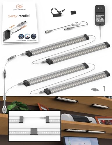 Under Cabinet Lighting Built-in Adjustable Wires Y Splitter Parallel Connected LED Lights for 2-Tier Shelves 4-Pack 16W 6500K 1800Lm Touch Kitchen Counter Light Bar & ETL Power for Clean Installation - size: 2-Way 4-Pack