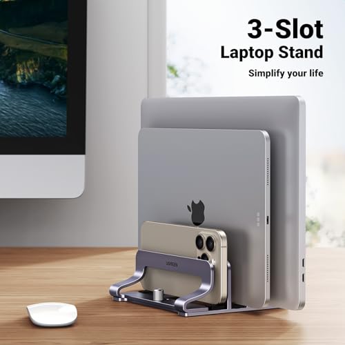 UGREEN 3-Slot Vertical Laptop Stand Holder Desk Compatible with MacBook Pro Air Laptop Stand Desktop Adjustable, Lenovo Ideapad, Surface Book, HP Notebook, Dell Chromebook Up to 17.3 Inch, Space Gray - size: 3-Slot