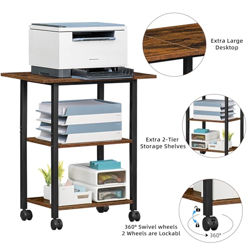 Lerliuo 3-Tier Printer Stand, Industrial Rolling Printer Table with Storage - color: Brown, size: 3-Tier