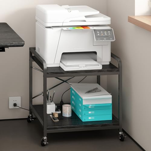 METYERRY Under Desk Printer Stand with Power Outlet, Adjustable Shelf,Black - color: Black