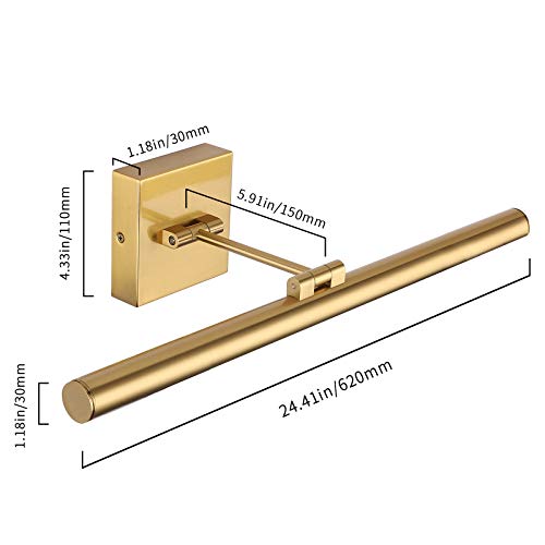 LED Picture Light Fixtures 24.4 Inches, Full Metal Artwork Wall Lamp with Single Swing Arm, 14W (70W Eqv.), Hardwired Connection, Dimmable, 3000K Warm White, CRI95+, Golden-Like Brass Finish - color: Brass, size: Dimmable 24.4" Long