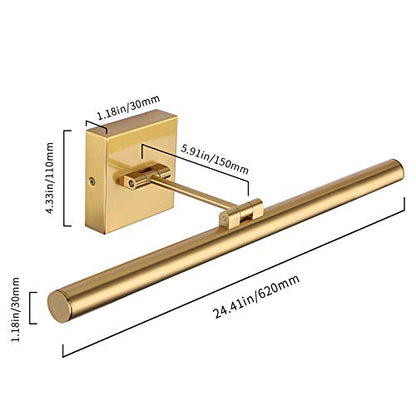LED Picture Light Fixtures 24.4 Inches, Full Metal Artwork Wall Lamp with Single Swing Arm, 14W (70W Eqv.), Hardwired Connection, Dimmable, 3000K Warm White, CRI95+, Golden-Like Brass Finish - color: Brass, size: Dimmable 24.4" Long