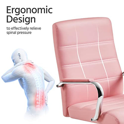 Yaheetech Pink Office Chair PU Leather Swivel Rocking Desk Seat with Arms | Foam-padded channel-stitched PU leather back supports desk hours; chrome frame rocks, adjusts in height, rolls on casters. - color: Pink