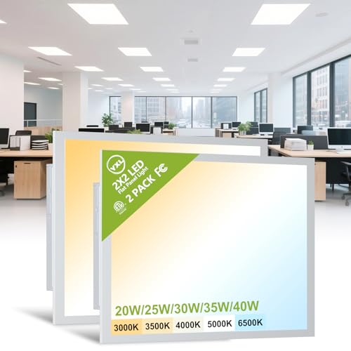 YXL 2 Pack 2x2 LED Flat Panel Light Drop Ceiling Light Fixture, 5200LM, 5CCT LED Drop Ceiling Office Light, 40W/35W/30W/25W/20W Selectable,6500K/5000K/4000K/3500K/3000K,Dimmable 0-10V,ETL - color: 2X2 FT, size: 2 Pack