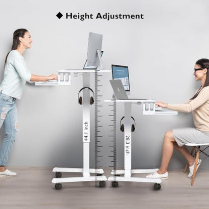 BONTEC Mobile Standing Desk with Keyboard Tray, Mobile Podium on Wheels | Rolling Laptop Sit Stand Desk, Adjustable Height Desk Up to 33lbs, Portable Computer Workstation Cart for Living Room, White - color: White