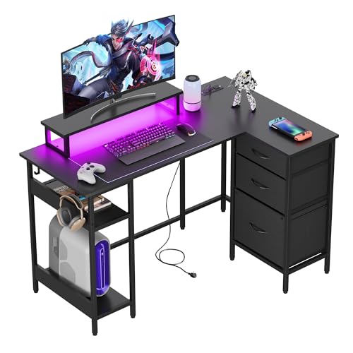 DEVAISE 48 Inch L Shaped Gaming Desk with Drawers and Storage, Corner Desk with LED Lights, Power Outlets, Computer Desk with Monitor Stand, Office Desk for Home, Black - color: Black, size: 48 Inch with Drawers