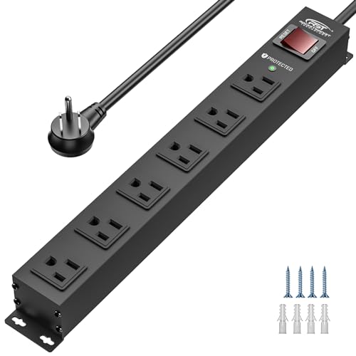 CRST 6 Outlet Heavy Duty Metal Power Strip with Switch, 15A/1875W, 15 FT | 1.7" Wide Spacing for Bulky Plugs, 2100J Surge Protector Mountable Power Strip for Garage, Workshop, Home, Office - color: Black-6 Outlet-15 FT, size: 1PK