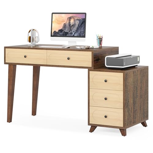 Tribesigns 51-Inch Computer Desk with 5 Drawers, Rustic Brown Office Desk with Reversible Drawer Cabinet, Wooden Study Writing Table Workstation with Storage for Small Spaces