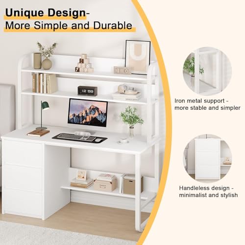 MaverickFurni 55 Inch White Computer Desk with Hutch and 3 Drawers - color: White, size: 55"W