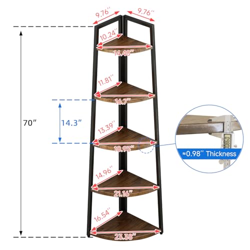 Soild Wood Corner Shelf, 5 Shelf Bookcase for Bathroom & Living Room, Tall Corner Bookshelf with Ladder Design, Space Saving Corner Bookcases (Brown) - color: Brown