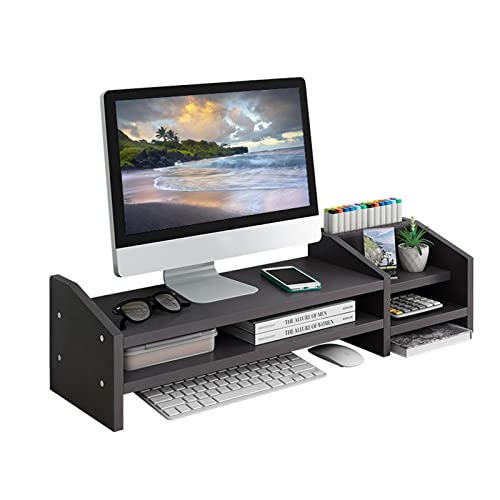 Computer Monitor Riser, 2 Tier Wooden Stand With Two Layer Storage Rack, Black Desktop Organizer for PC/Laptop, Home & Office