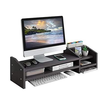 Computer Monitor Riser, 2 Tier Wooden Stand With Two Layer Storage Rack, Black Desktop Organizer for PC/Laptop, Home & Office