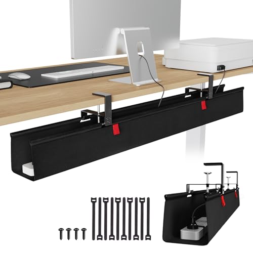 KEEGH Extra Large No Drill Under Desk Cable Management Tray 48 in, Black | Clamp/Screw Mount, Supports Up to 70lbs, Fabric Wire Management Cable Raceways, Cord Hiders, Cord Management for Office/Home - color: Black, size: Extra Large (48 Inch)